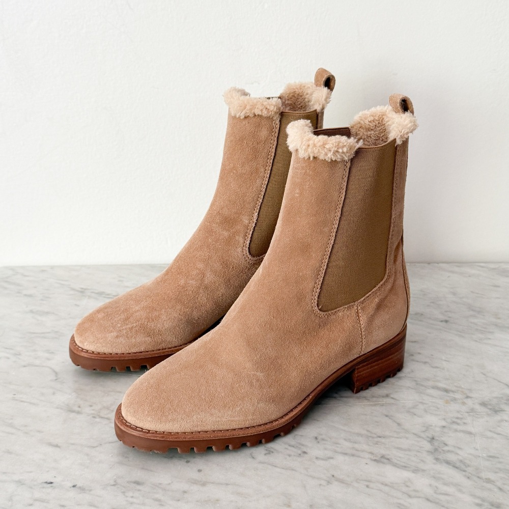 Talbots Suede Faux Fur Lined Chelsea Boots 8.5M Tan Lug Sole Ankle Booties - Picture 2 of 6